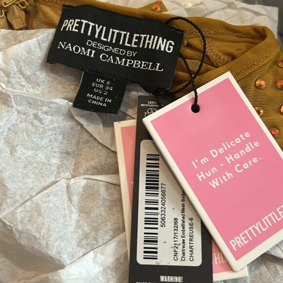 PrettyLittleThing Naomi Campbell Chartreuse Embellished Bodycon Dress NWT - Picture 7 of 9